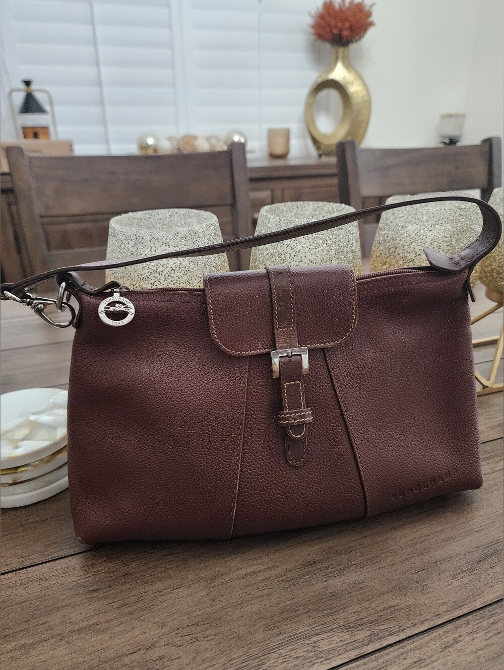 Longchamp-Brown Leather Handbag - Classic Everyday Tote